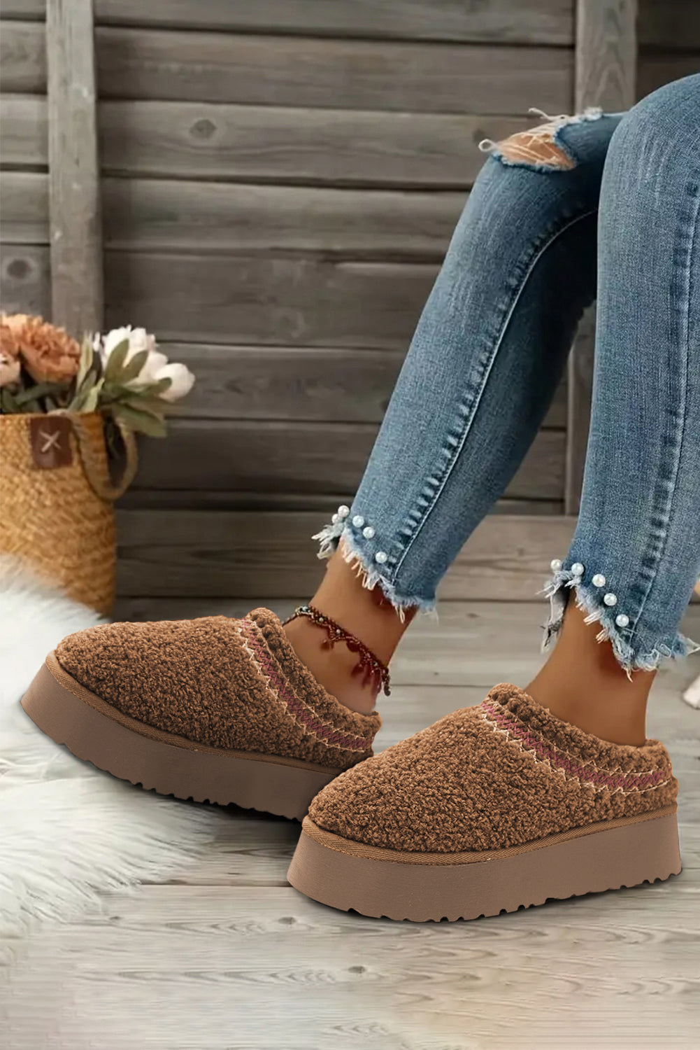 Oatmeal Suede Contrast Plush Thick Sole Slippers