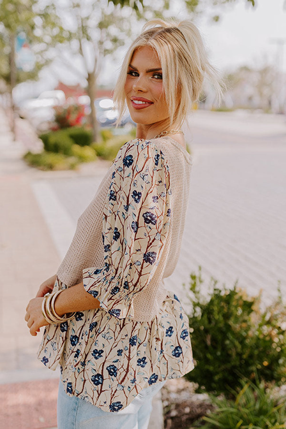 Beige Faux Two Piece Knit Patchwork Floral Top