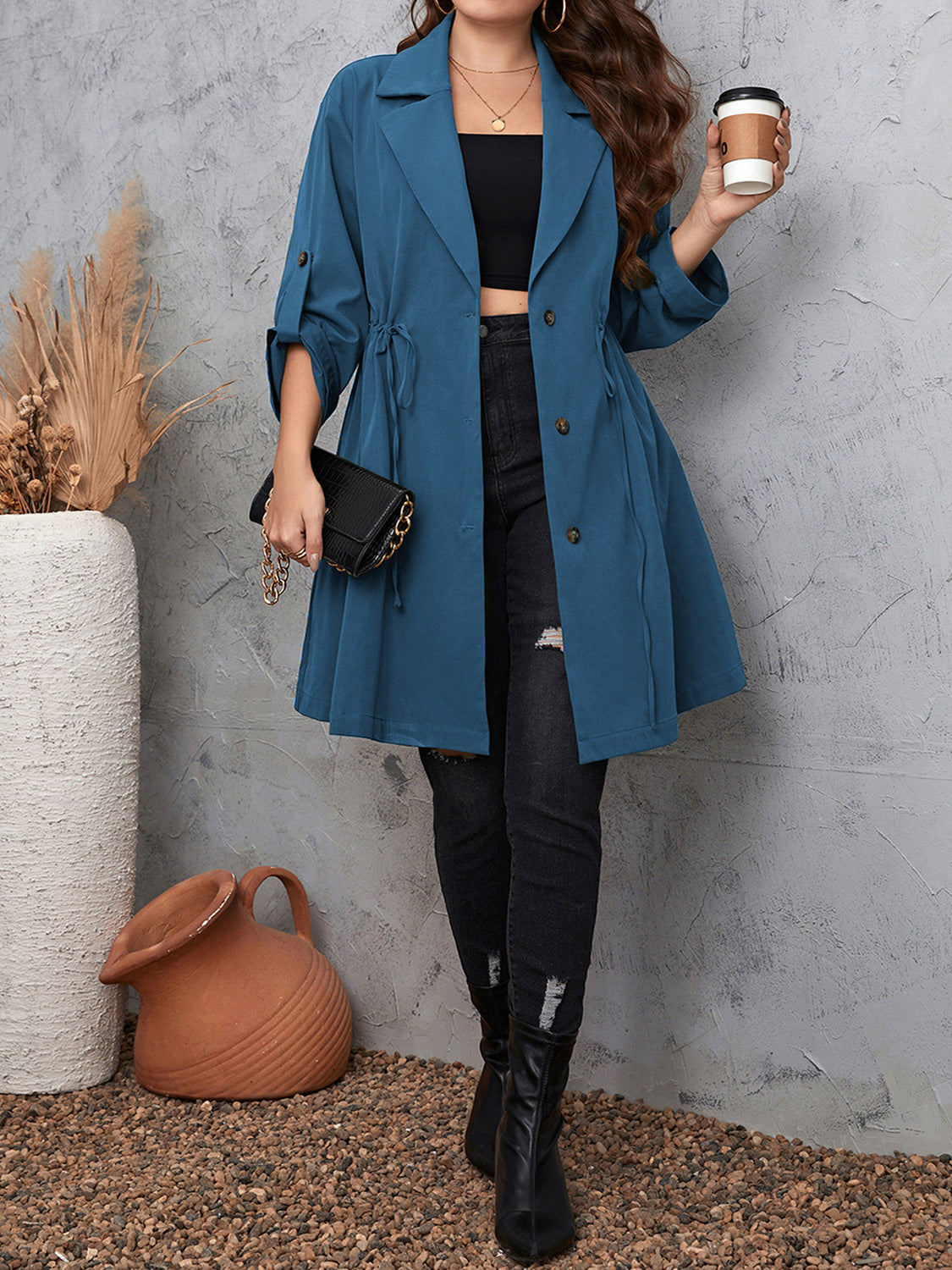 Honey Lapel Collar Drawstring Roll-Tab Sleeve Trench Coat