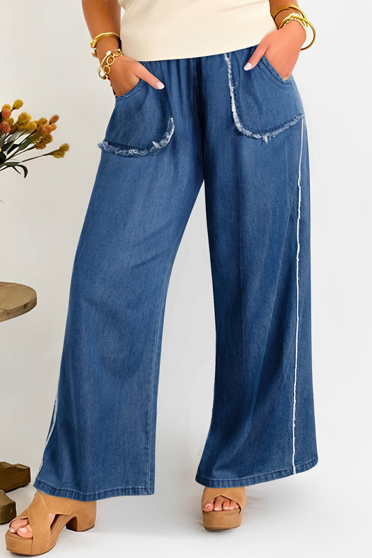 Sail Blue High Waist Pocket Distressed Trim Wide Leg Jeans