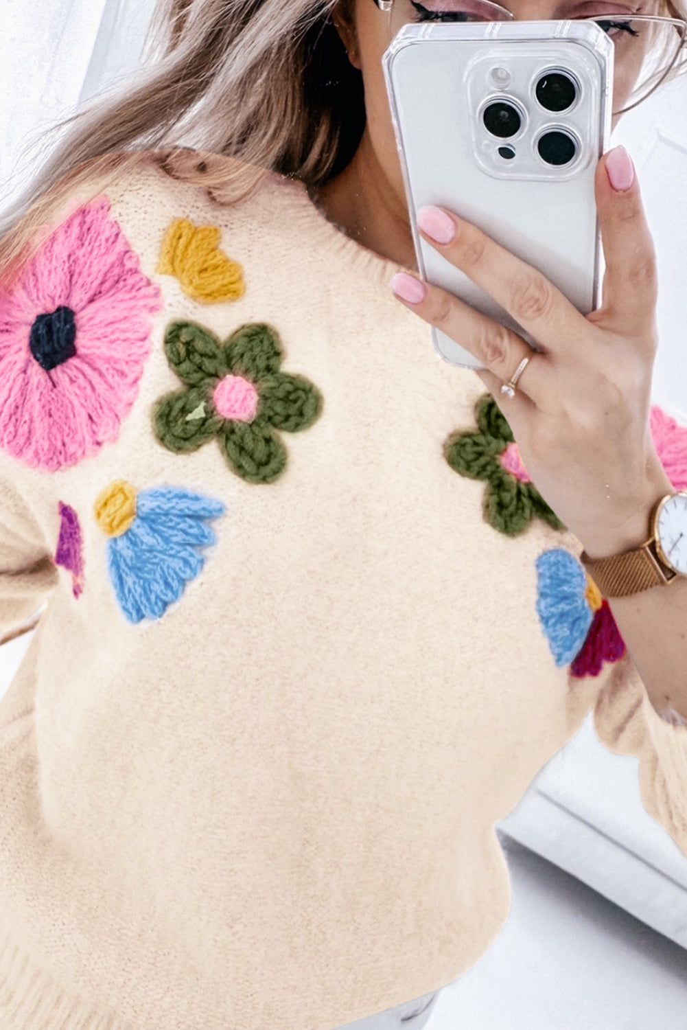 Beige Flower Pattern Ribbed Edge Sweater