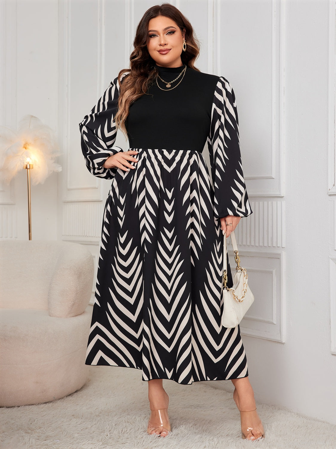 Honey Printed Mock Neck Long Sleeve Midi Dress