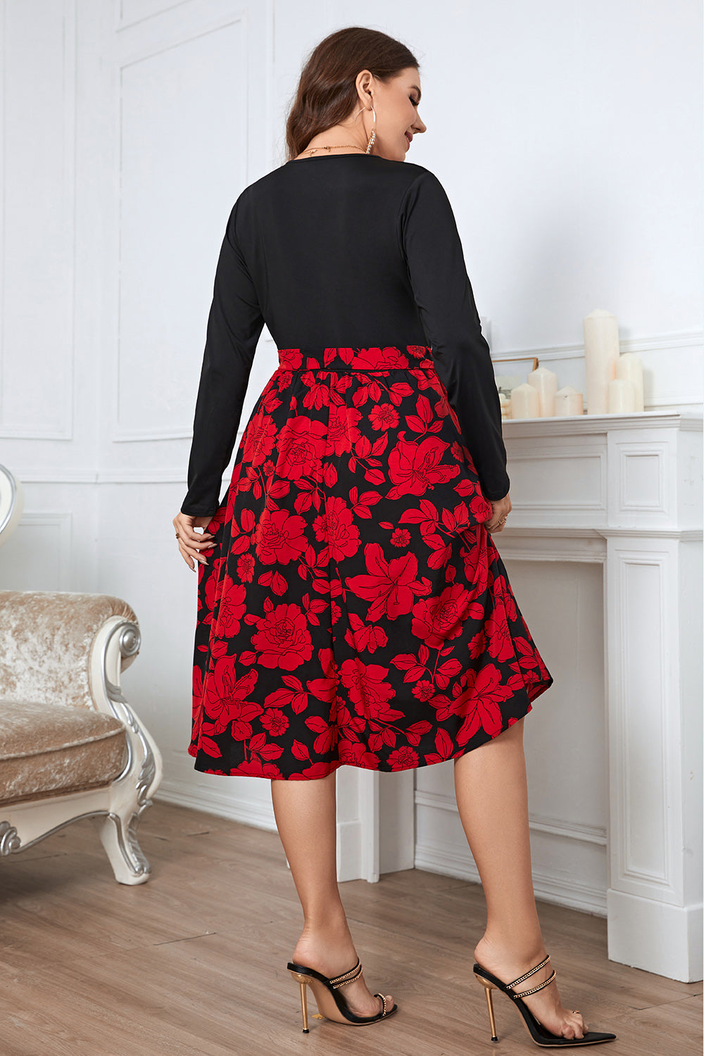 Honey Floral Surplice Neck Long Sleeve Dress