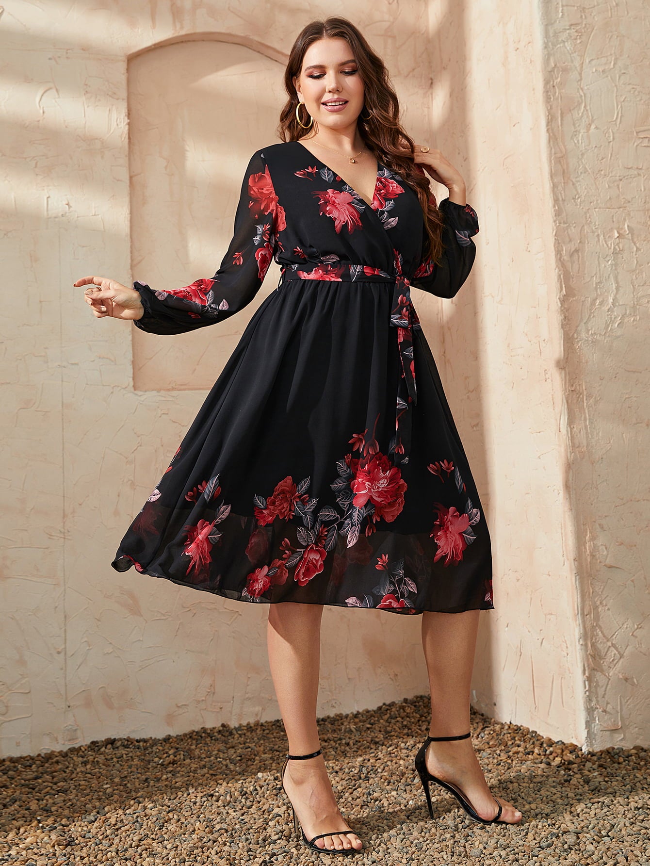 Honey Floral Surplice Neck Tie Waist Dress