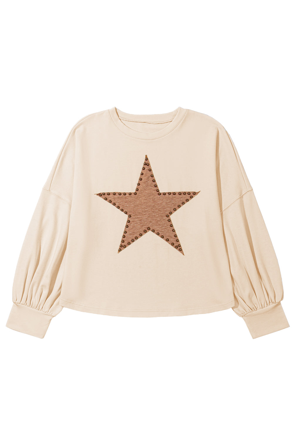 Beige Star Pattern Studded Crew Neck Top