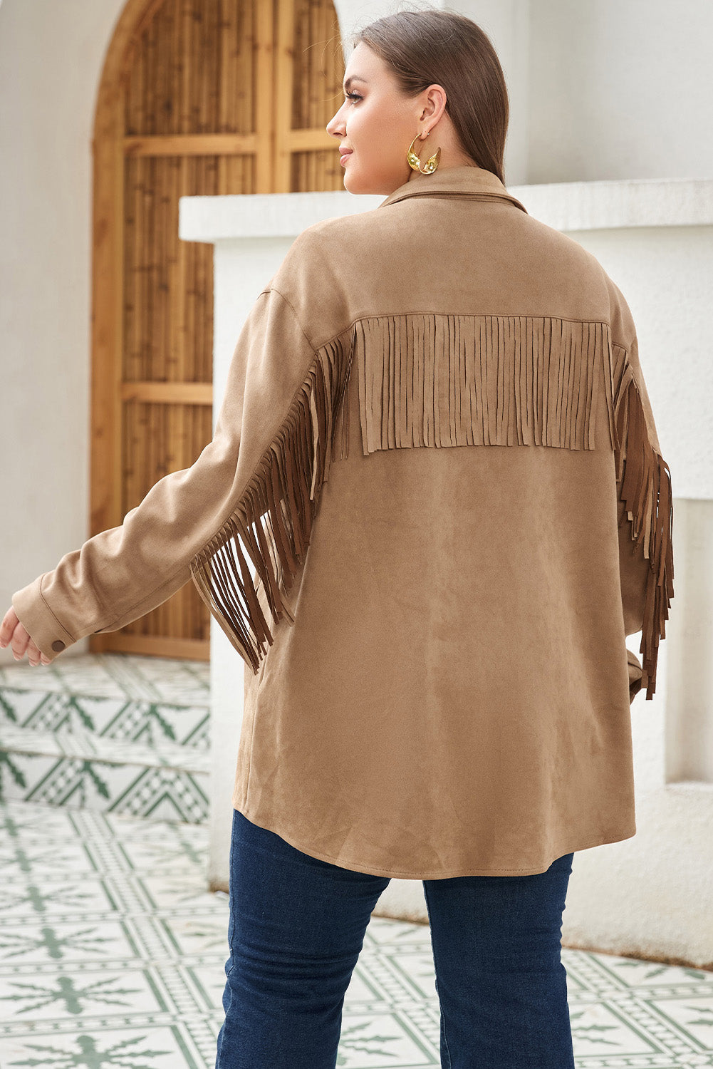 Khaki Fringe Trim Suede Jacket