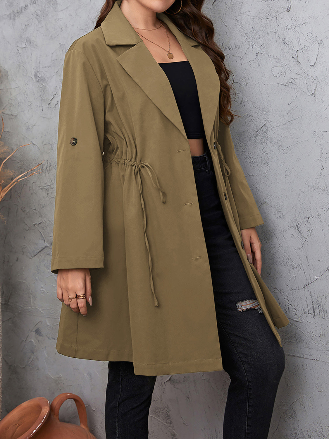 Honey Lapel Collar Drawstring Roll-Tab Sleeve Trench Coat