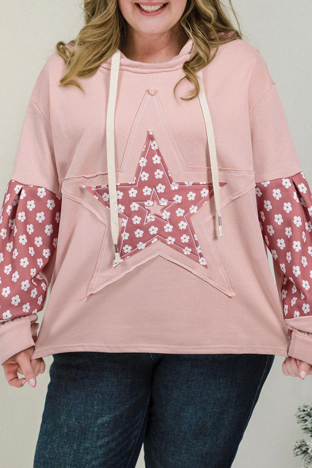 Delicacy Star Patched Floral Sleeve Hoodie