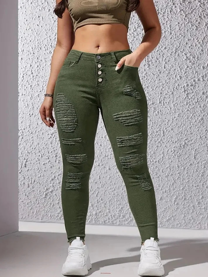 Army Green Ripped Skinny Jeans