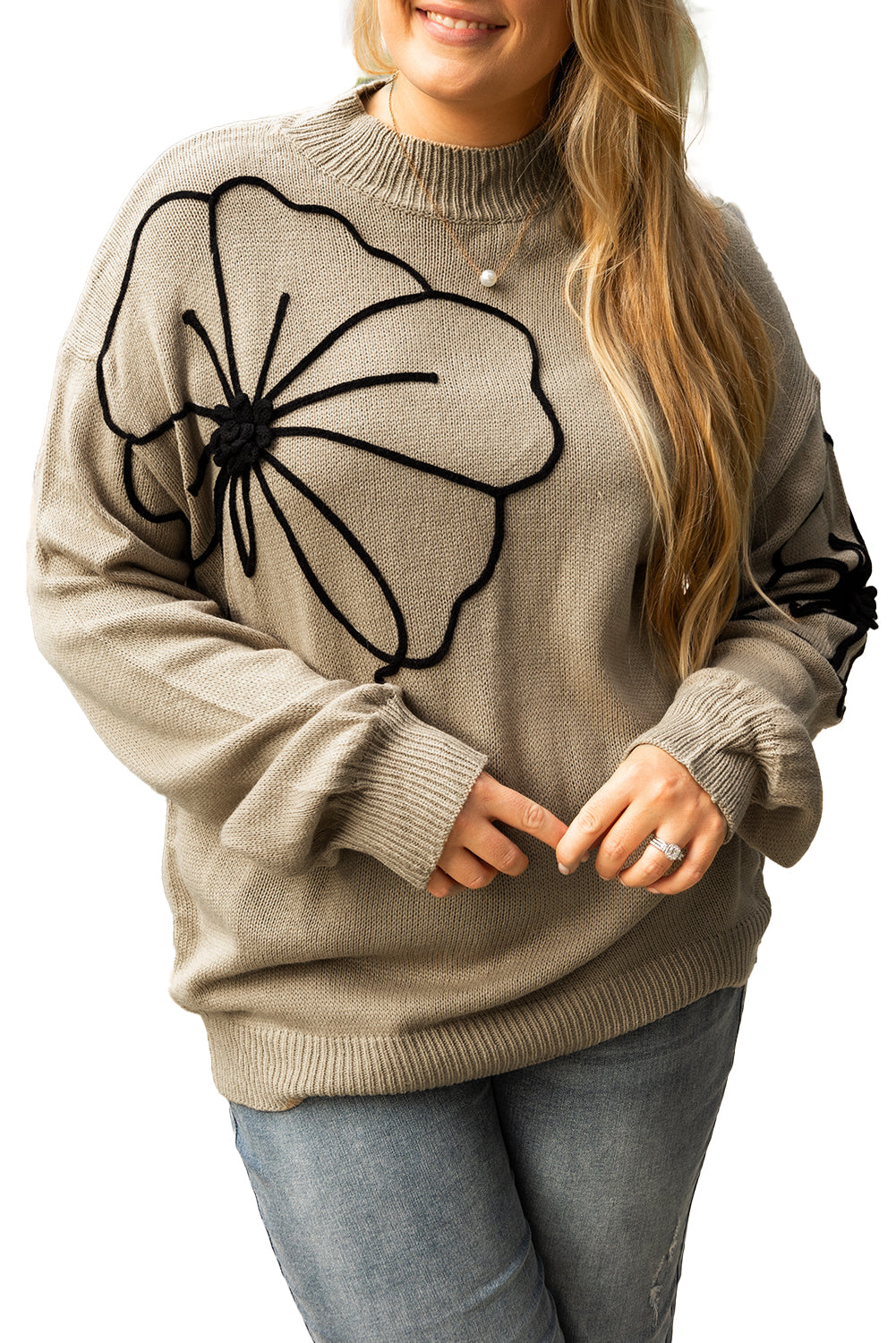 Dark Khaki Flower Pattern High Neck Drop Shoulder Sweater