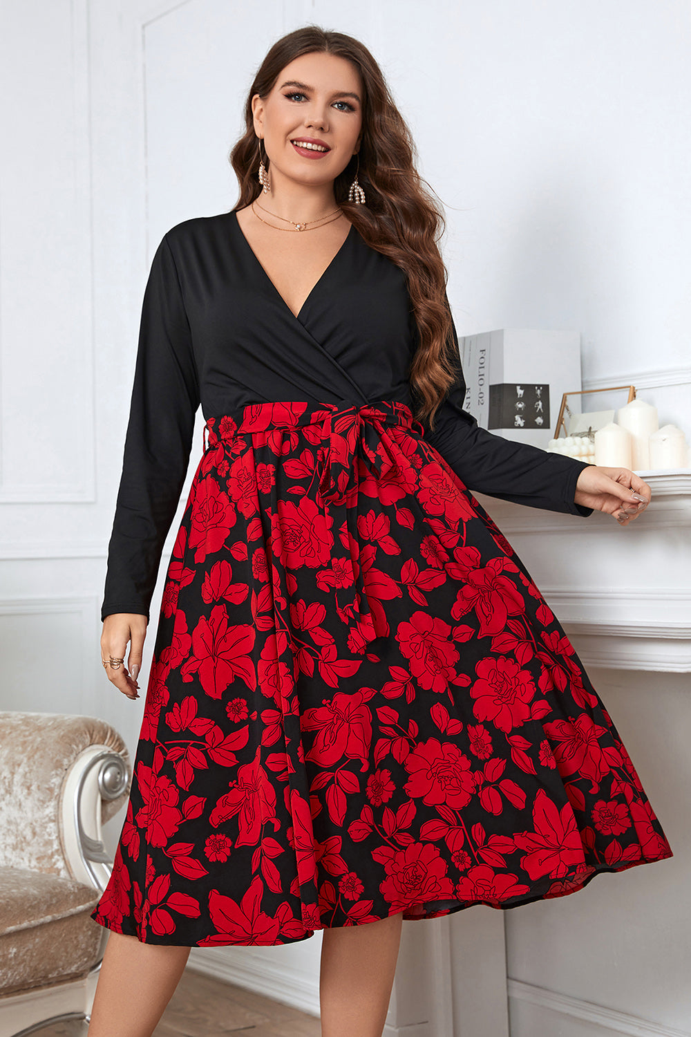 Honey Floral Surplice Neck Long Sleeve Dress