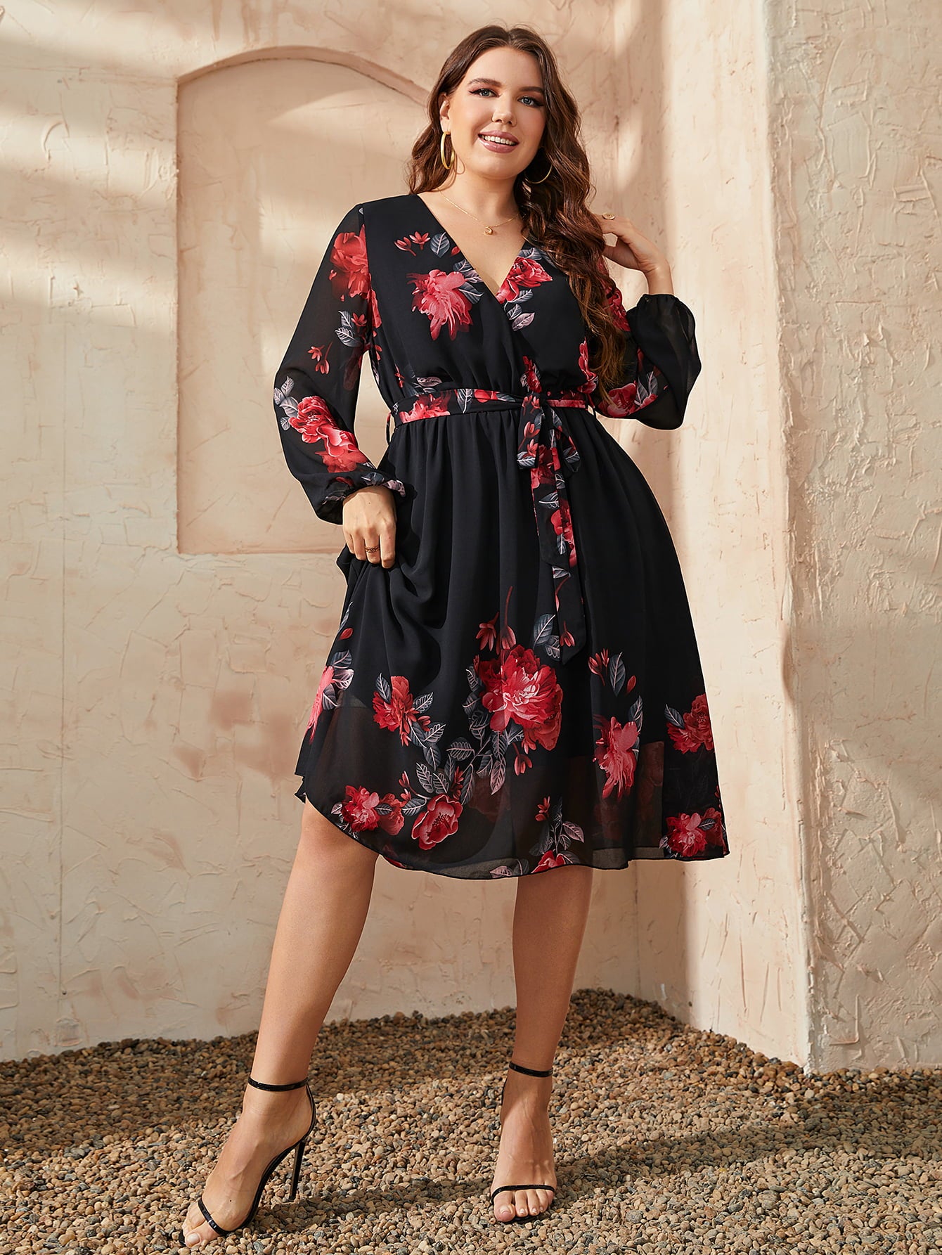 Honey Floral Surplice Neck Tie Waist Dress