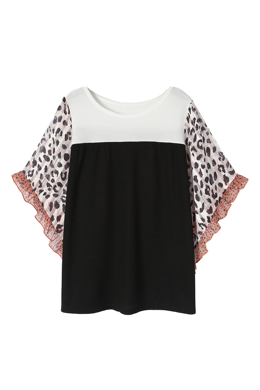 Black Rib Knit Animal Print Ruffle Sleeve Top