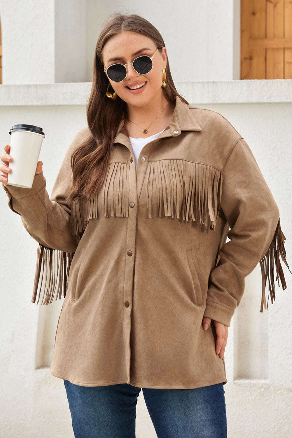 Khaki Fringe Trim Suede Jacket