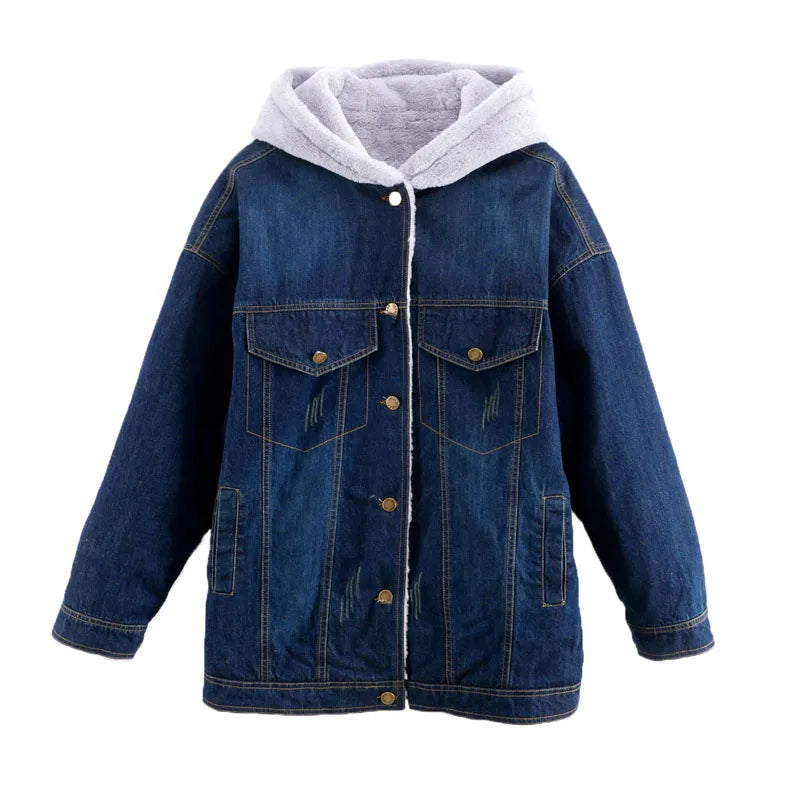 Fleece Denim Jacket Long-Sleeved/Hooded