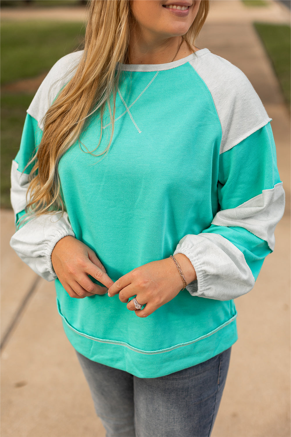 Aruba Blue Colorblock Patchwork Sweatshirt