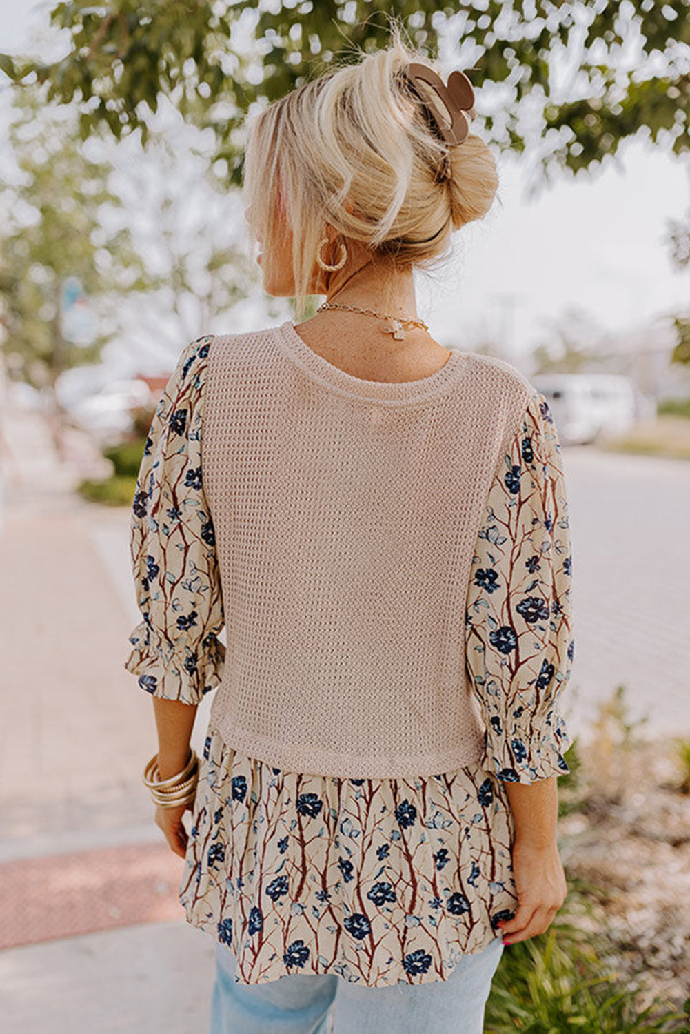 Beige Faux Two Piece Knit Patchwork Floral Top