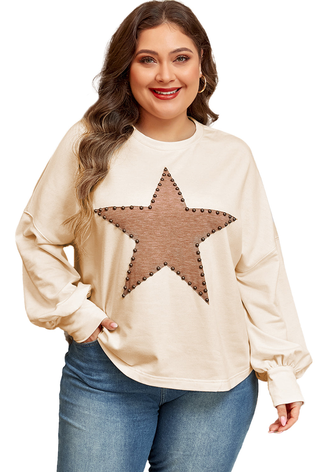 Beige Star Pattern Studded Crew Neck Top