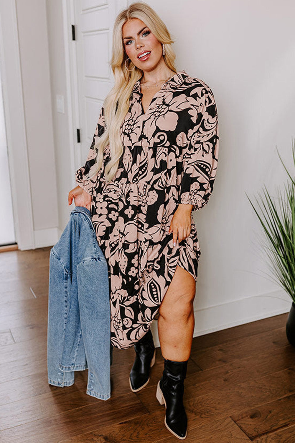 Black Floral Printed Puff Sleeve Collared Maxi Dress