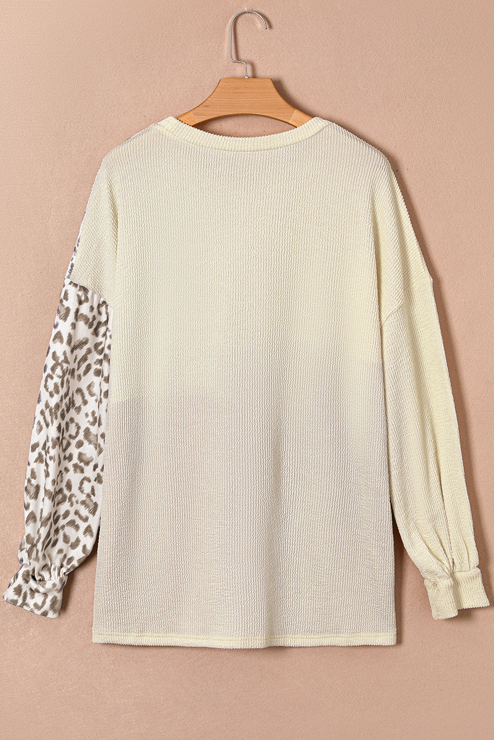 Khaki Ribbed Color Block Leopard Splicing Top