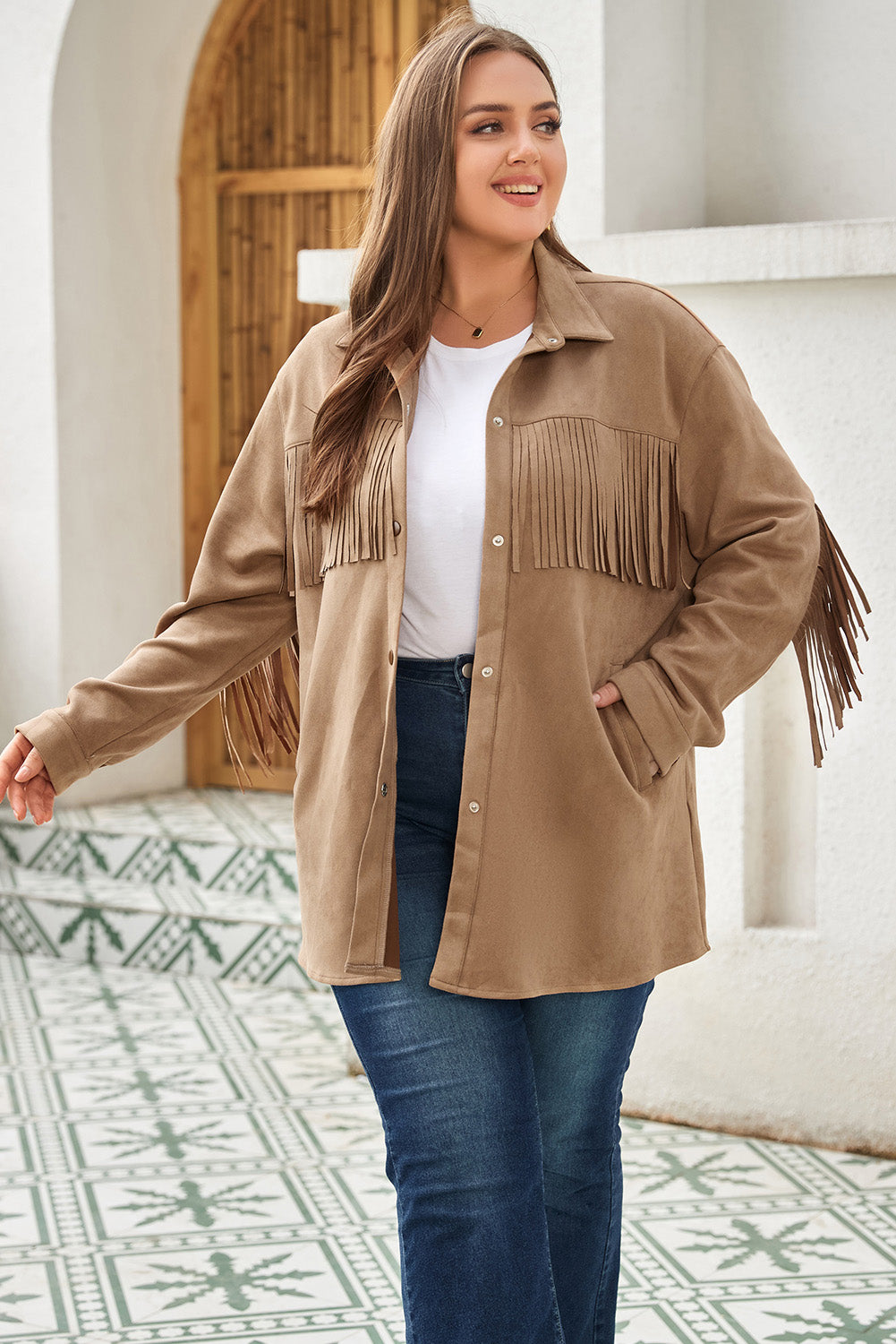 Khaki Fringe Trim Suede Jacket