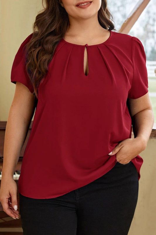 Red Dahlia Keyhole Pleated Crew Neck Blouse