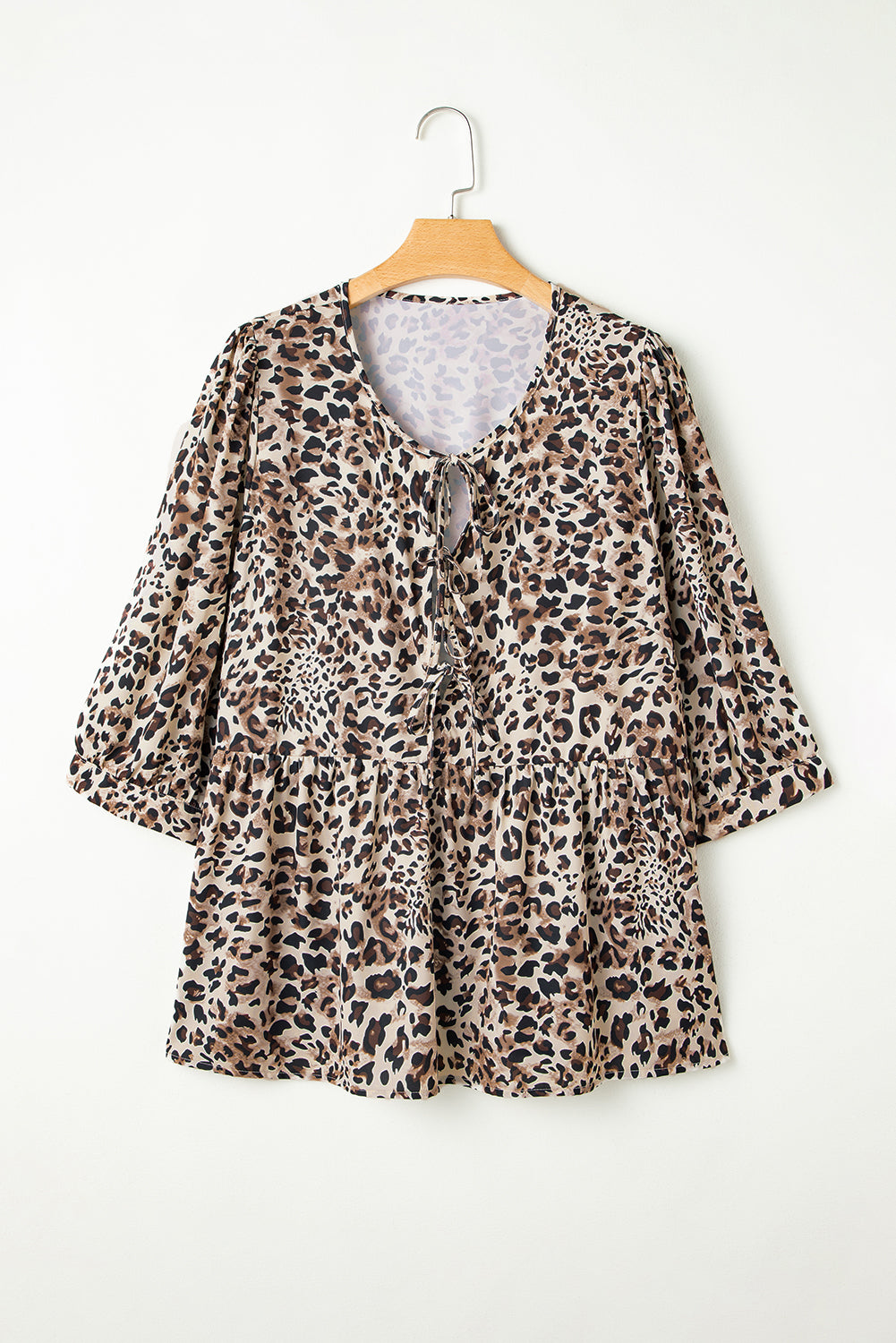 Khaki Leopard Print 3/4 Sleeve Lace-up Ruffle Blouse