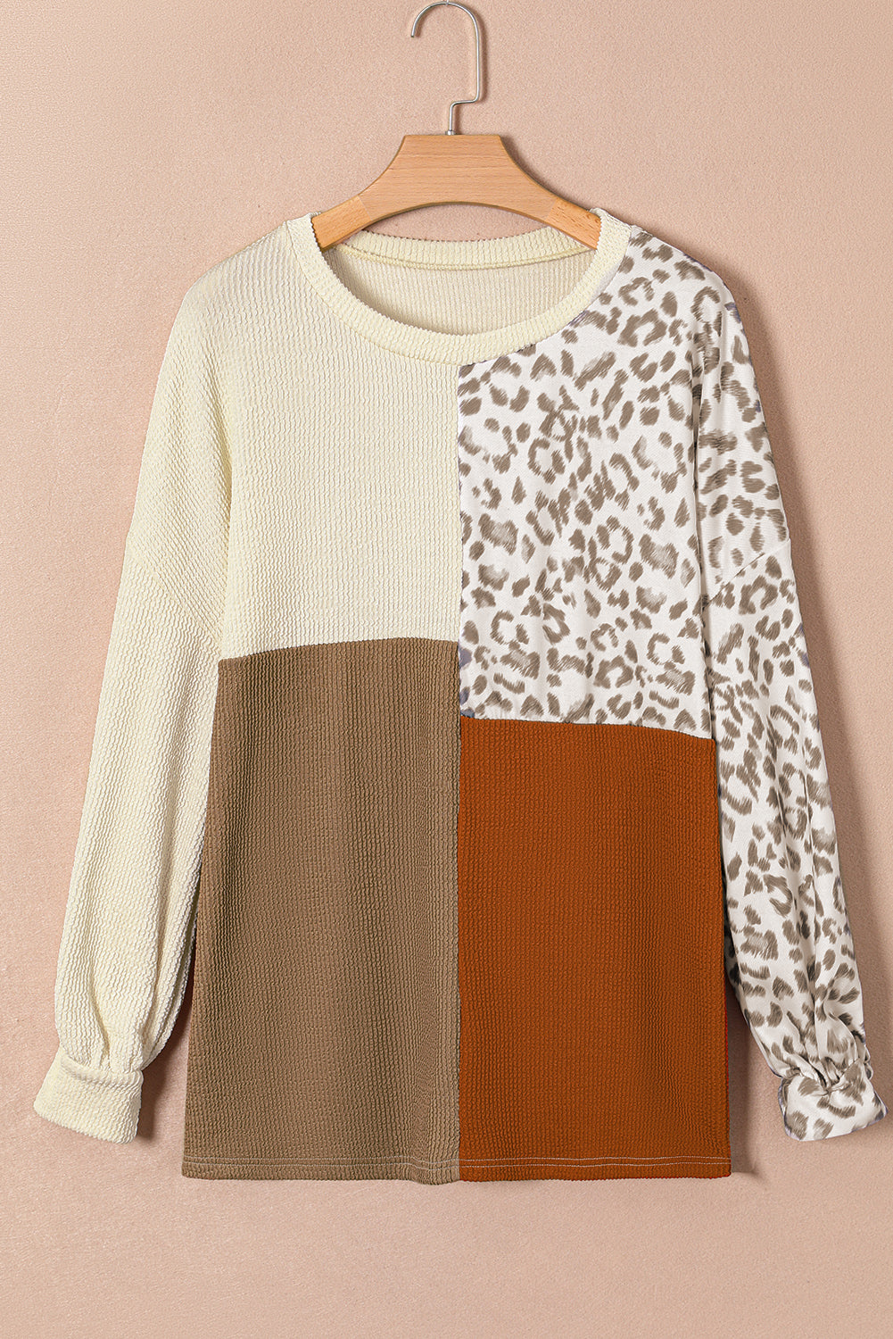 Khaki Ribbed Color Block Leopard Splicing Top