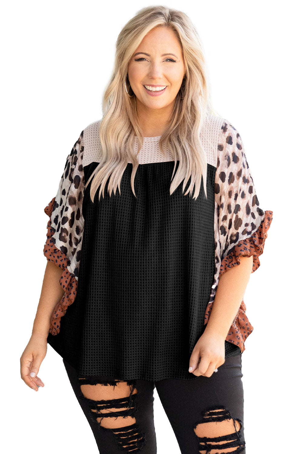 Black Rib Knit Animal Print Ruffle Sleeve Top