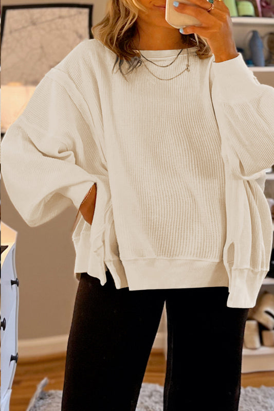 White Solid Color Waffle Drop Shoulder Sweatshirt