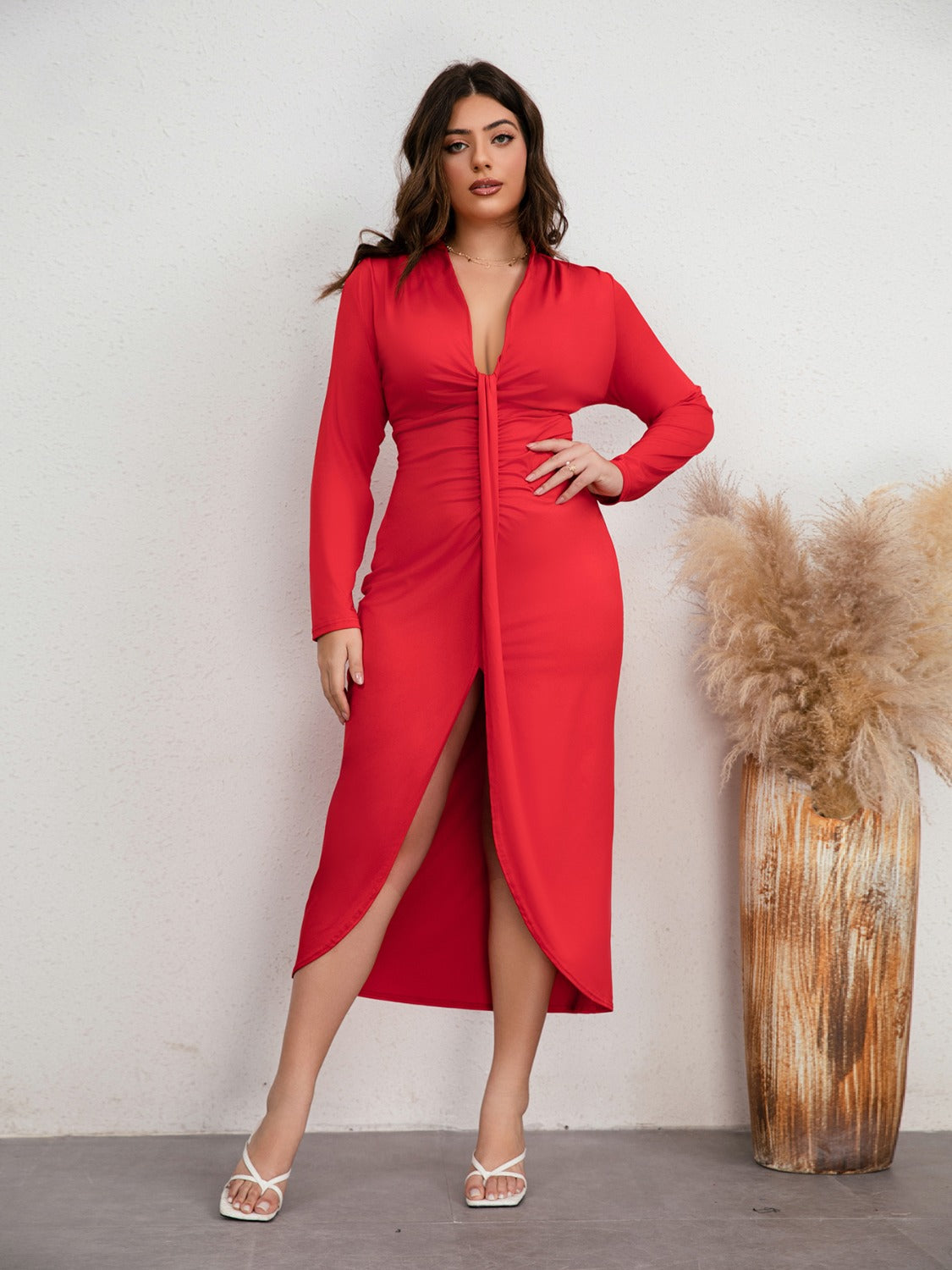 Red Plunge Slit Dress