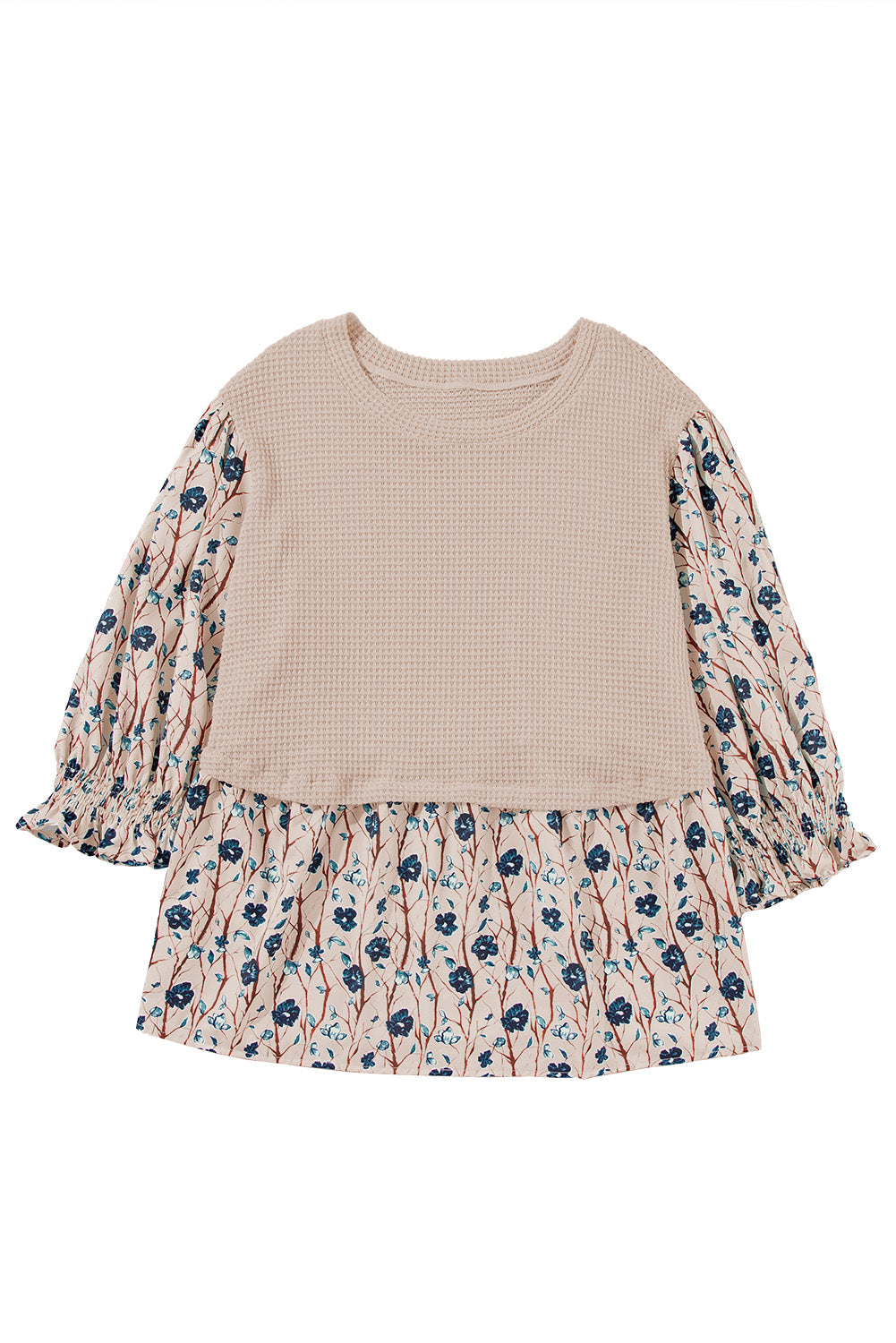 Beige Faux Two Piece Knit Patchwork Floral Top