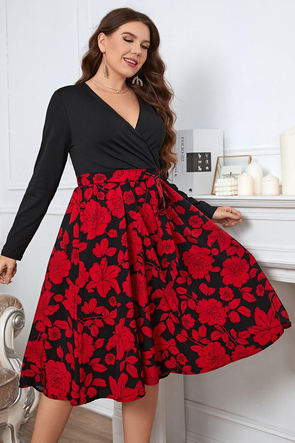 Honey Floral Surplice Neck Long Sleeve Dress