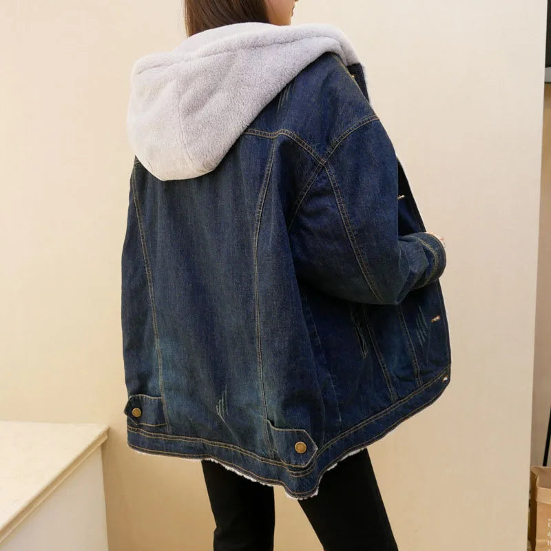 Fleece Denim Jacket Long-Sleeved/Hooded