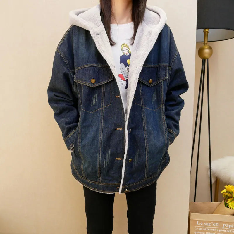 Fleece Denim Jacket Long-Sleeved/Hooded