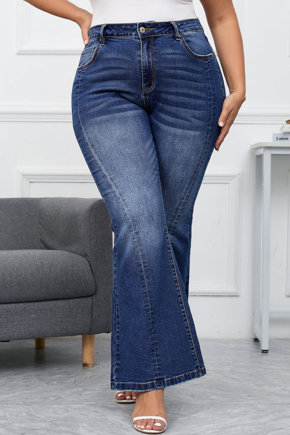 Dark Blue Stitching Washed Flare Jeans