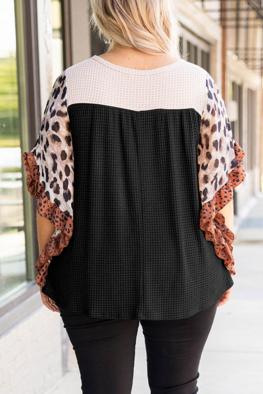 Black Rib Knit Animal Print Ruffle Sleeve Top