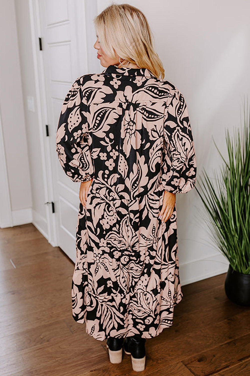 Black Floral Printed Puff Sleeve Collared Maxi Dress