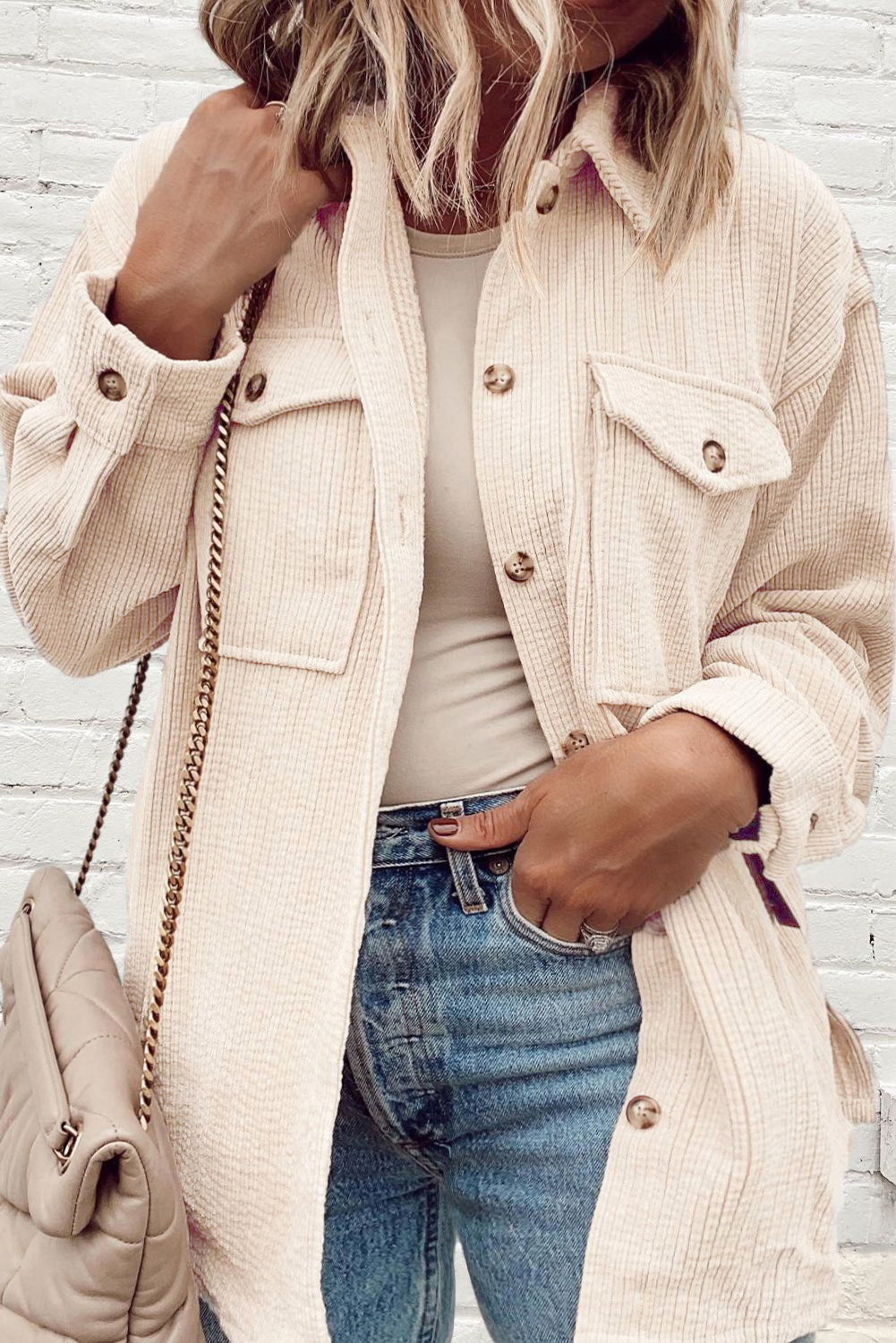 Oatmeal Textured Flap Pockets Buttoned Jacket