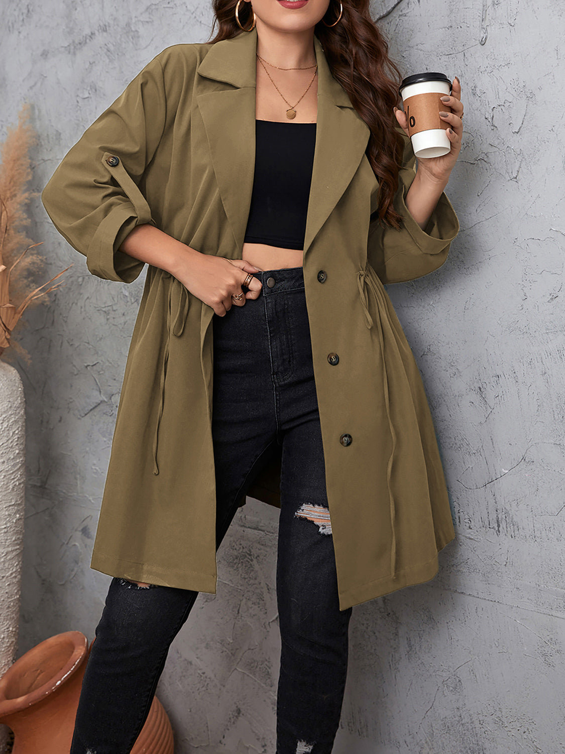 Honey Lapel Collar Drawstring Roll-Tab Sleeve Trench Coat