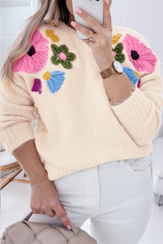 Beige Flower Pattern Ribbed Edge Sweater