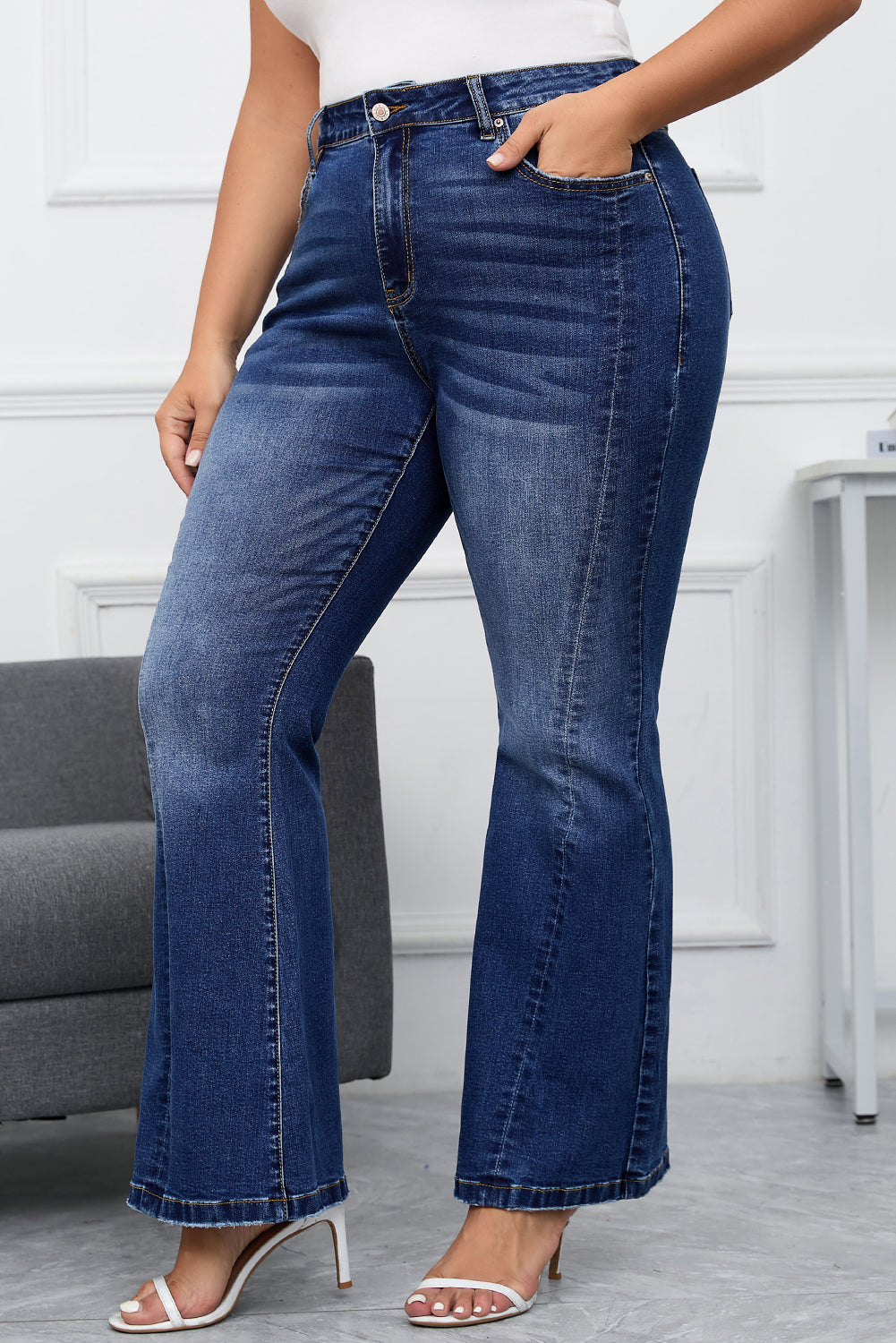 Dark Blue Stitching Washed Flare Jeans