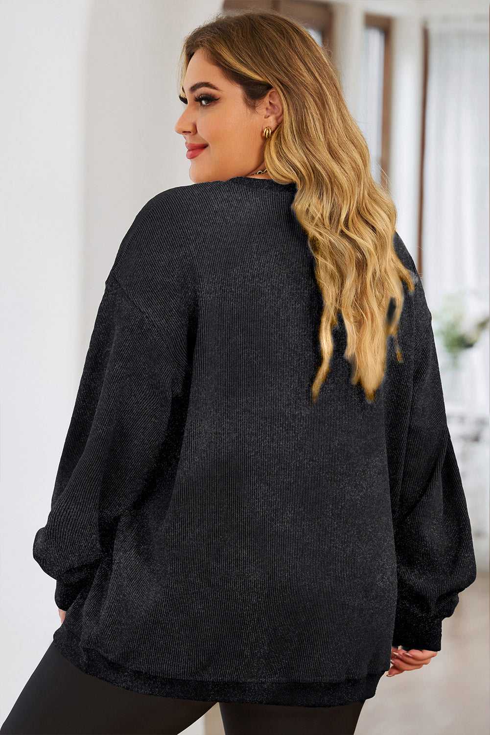 Heart Ribbed Round Neck Sweatshirt