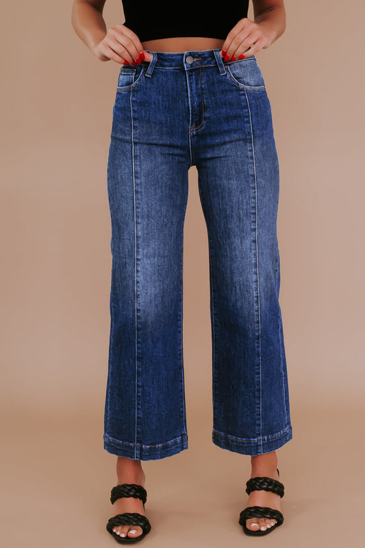 Navy Blue Seamed Wide Leg High Waist Jeans