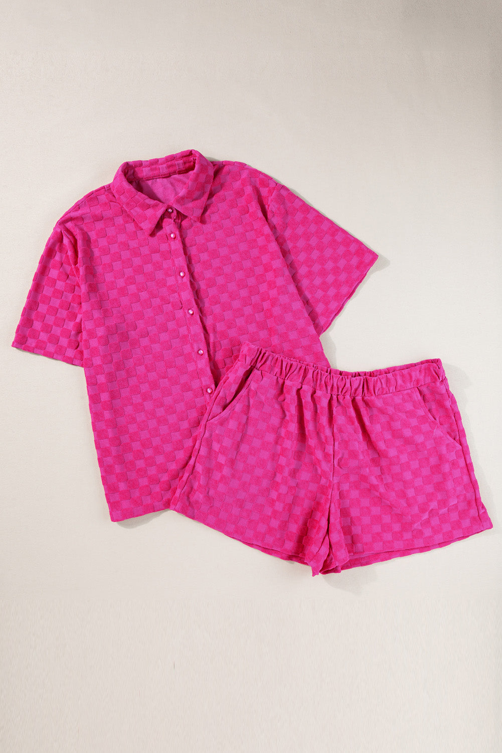 Peach Blossom Checkered Terry Knit Short 2pcs Outfit