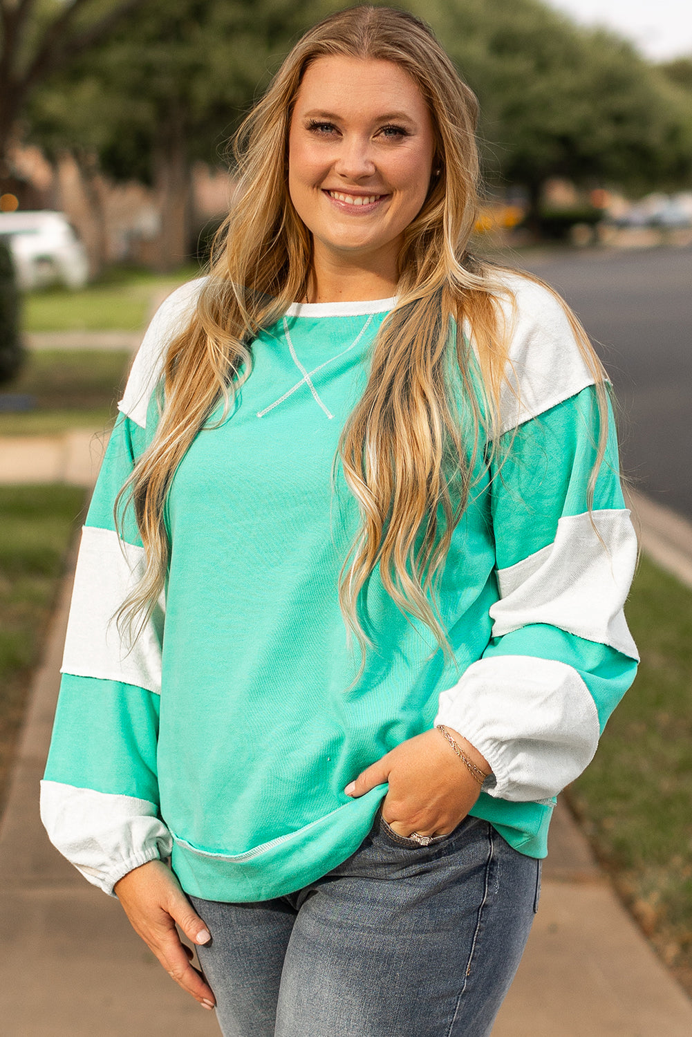 Aruba Blue Colorblock Patchwork Sweatshirt