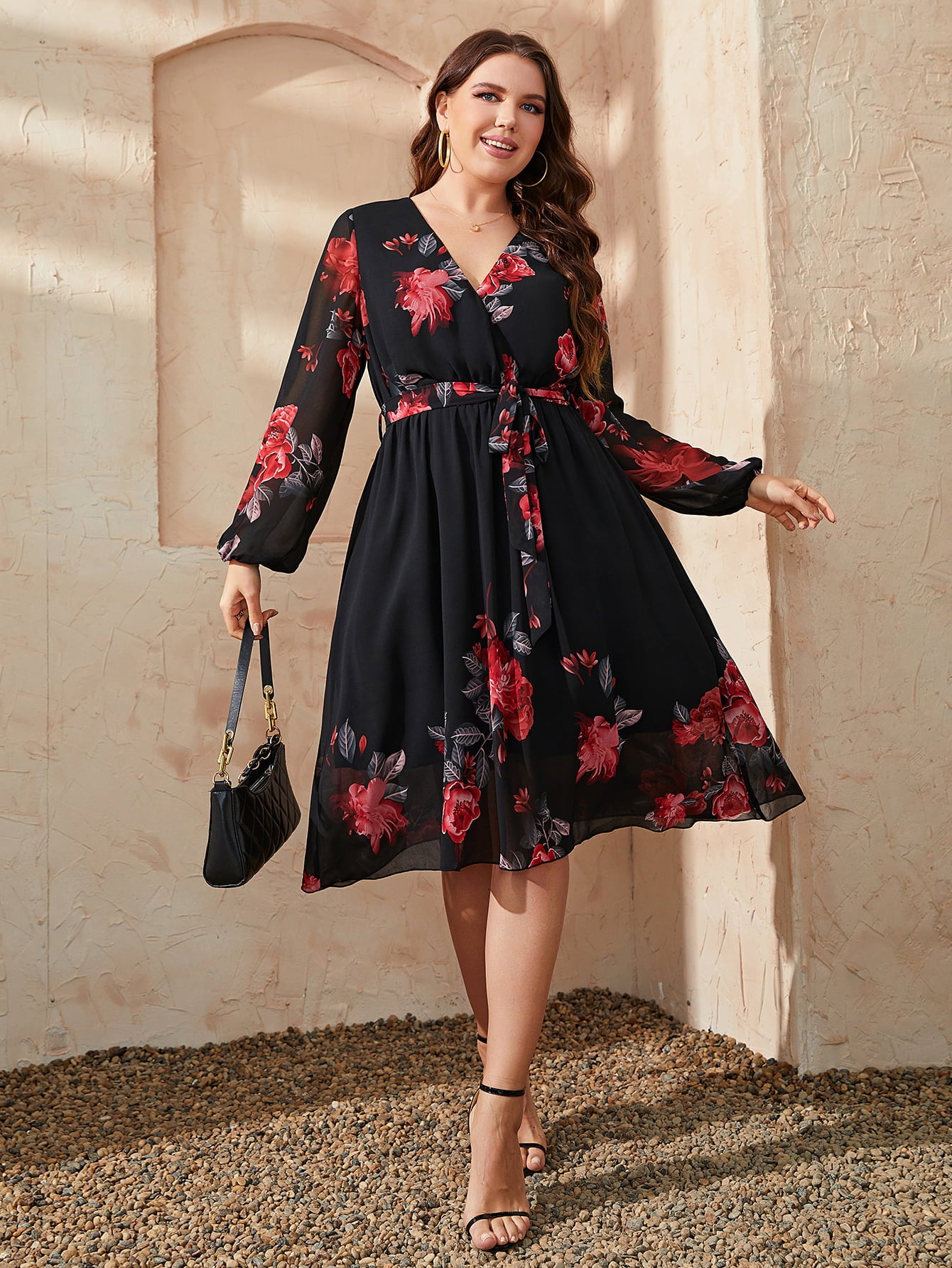 Honey Floral Surplice Neck Tie Waist Dress