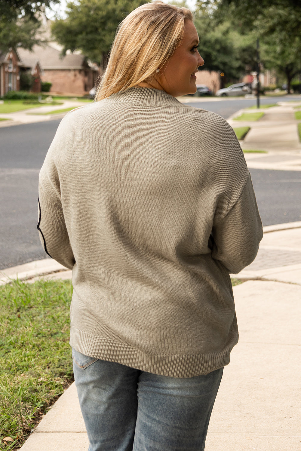 Dark Khaki Flower Pattern High Neck Drop Shoulder Sweater