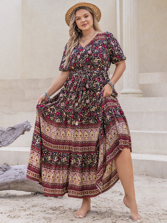 Printed V-Neck Short Sleeve Maxi Dress