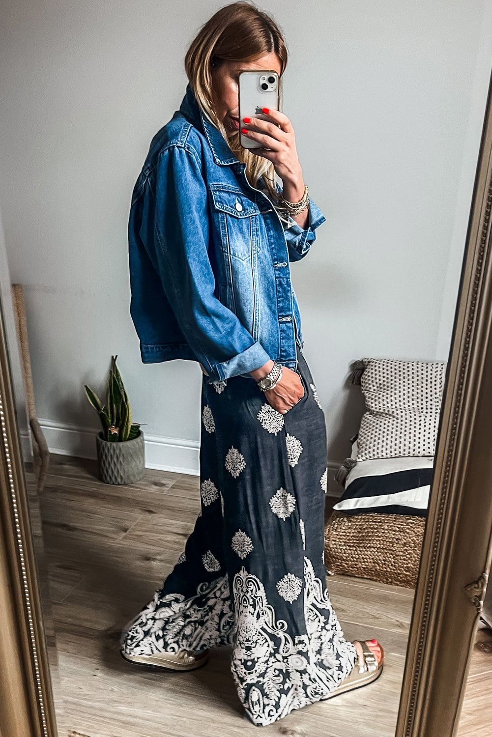 Black Bohemian Print Drawstring Waist Wide Leg Pants